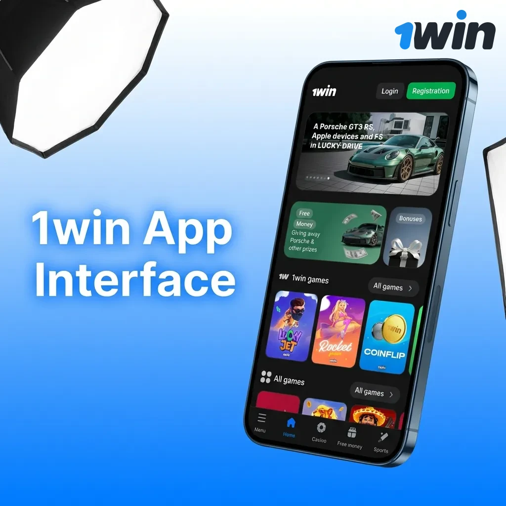 1win mobile app interface showing clean navigation with sports betting, live casino, and account tabs at bottom