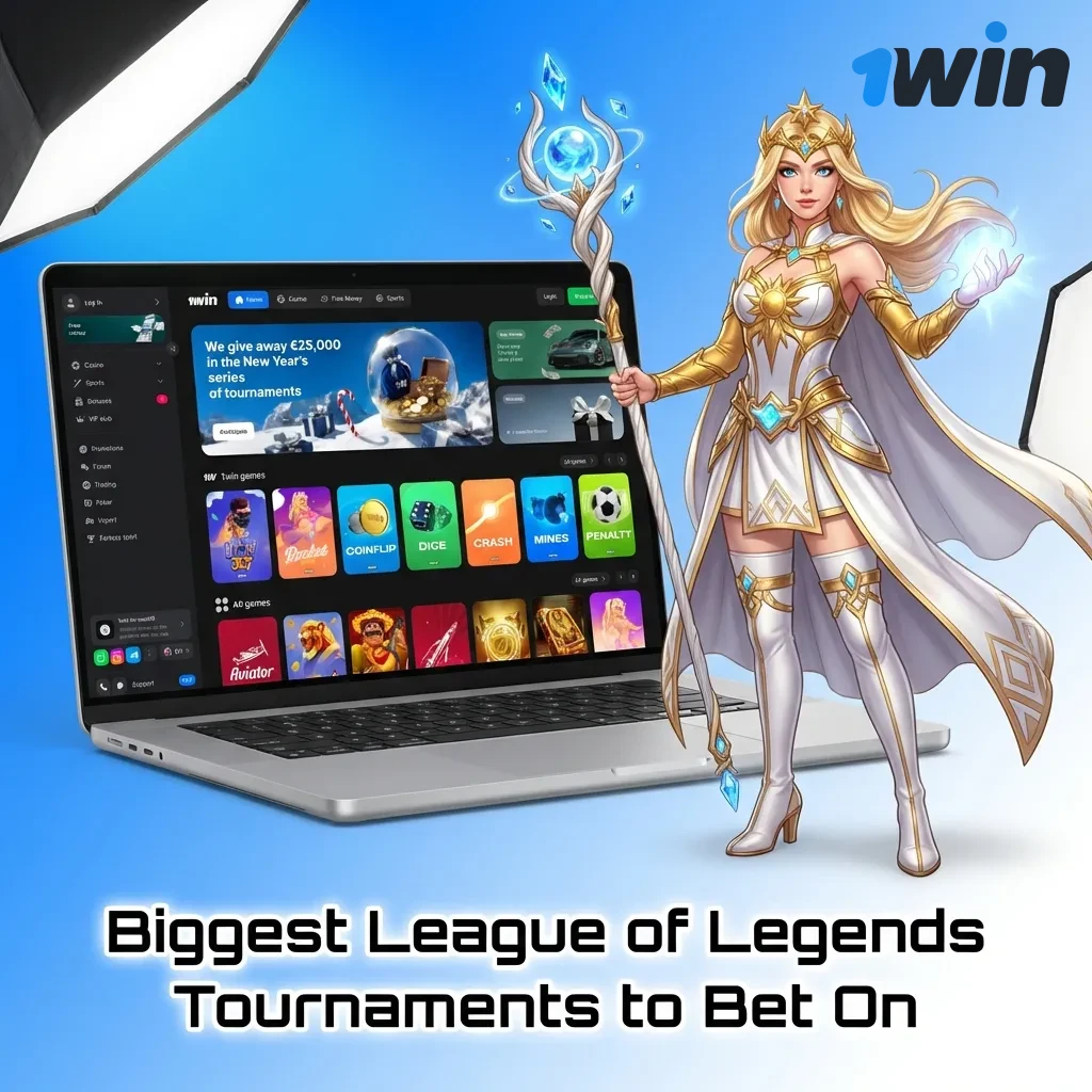 Professional League of Legends tournament stadium with illuminated stage, player booths, and large screens showing gameplay