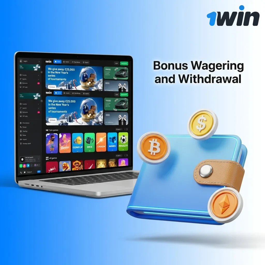 Diagram showing bonus wagering requirements: 5x wager, 30-day limit, 1.3 minimum odds, and withdrawal process rules.