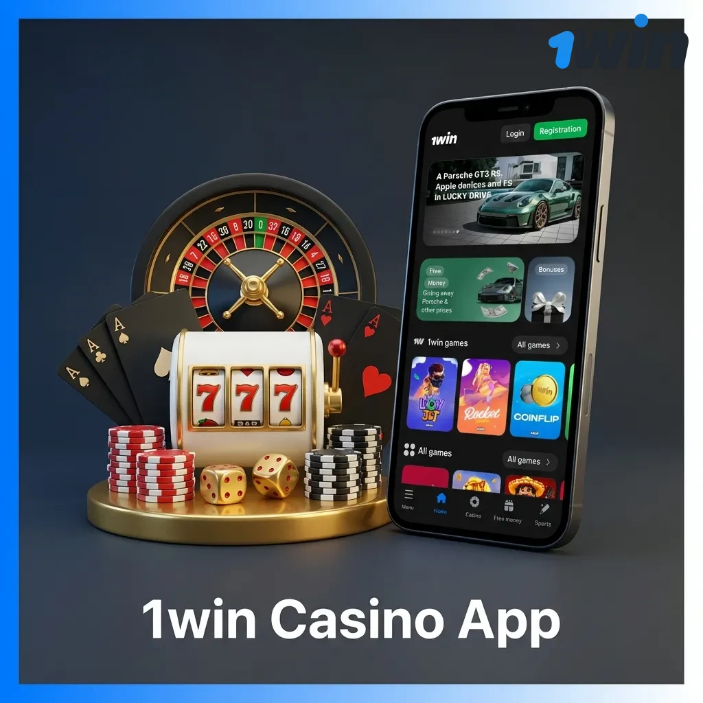 1win Casino App interface showing slots, live dealer games, and sports betting options with one-tap navigation.