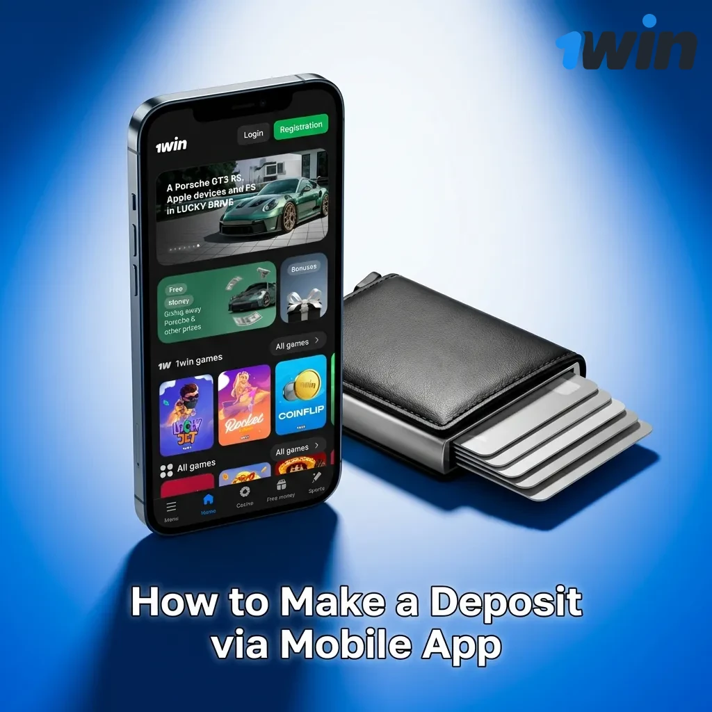 Mobile app deposit screen showing wallet icon, payment method selection, and amount entry for 1win India account funding