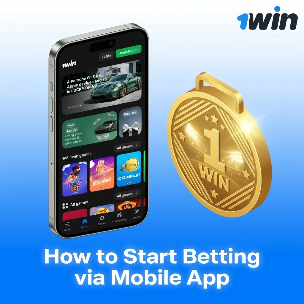 Mobile phone showing 1win sports betting app interface with bet slip and match selection options