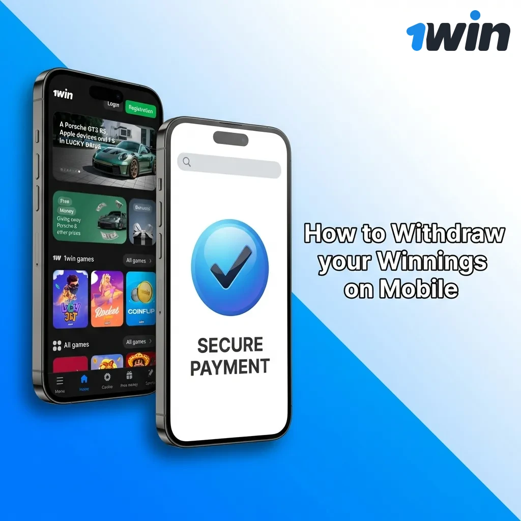 Mobile screen showing withdrawal process on 1win app with balance, payment methods, and amount entry fields