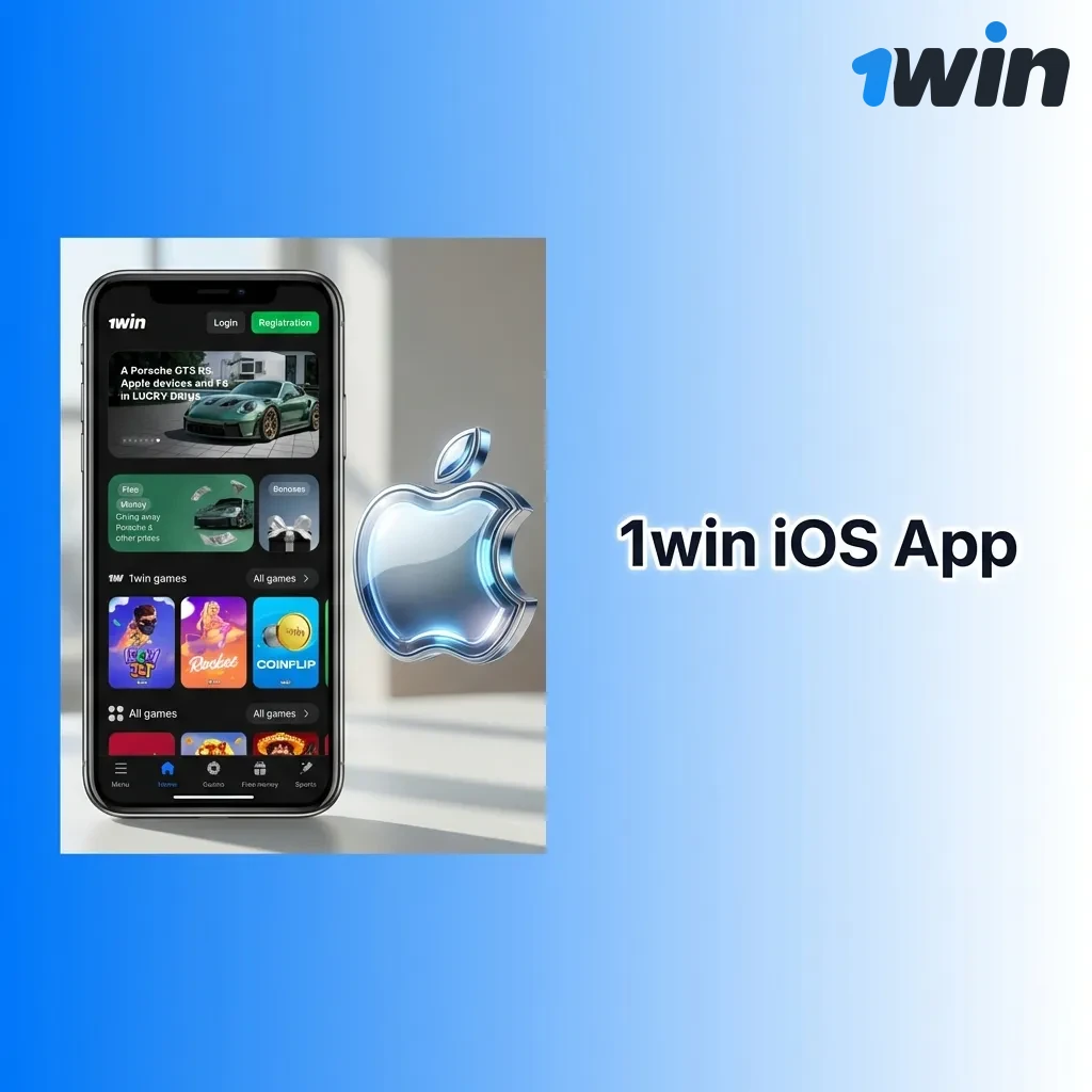 1win iOS app interface on iPhone showing betting features, compatible with iOS 11.0+, 200MB size
