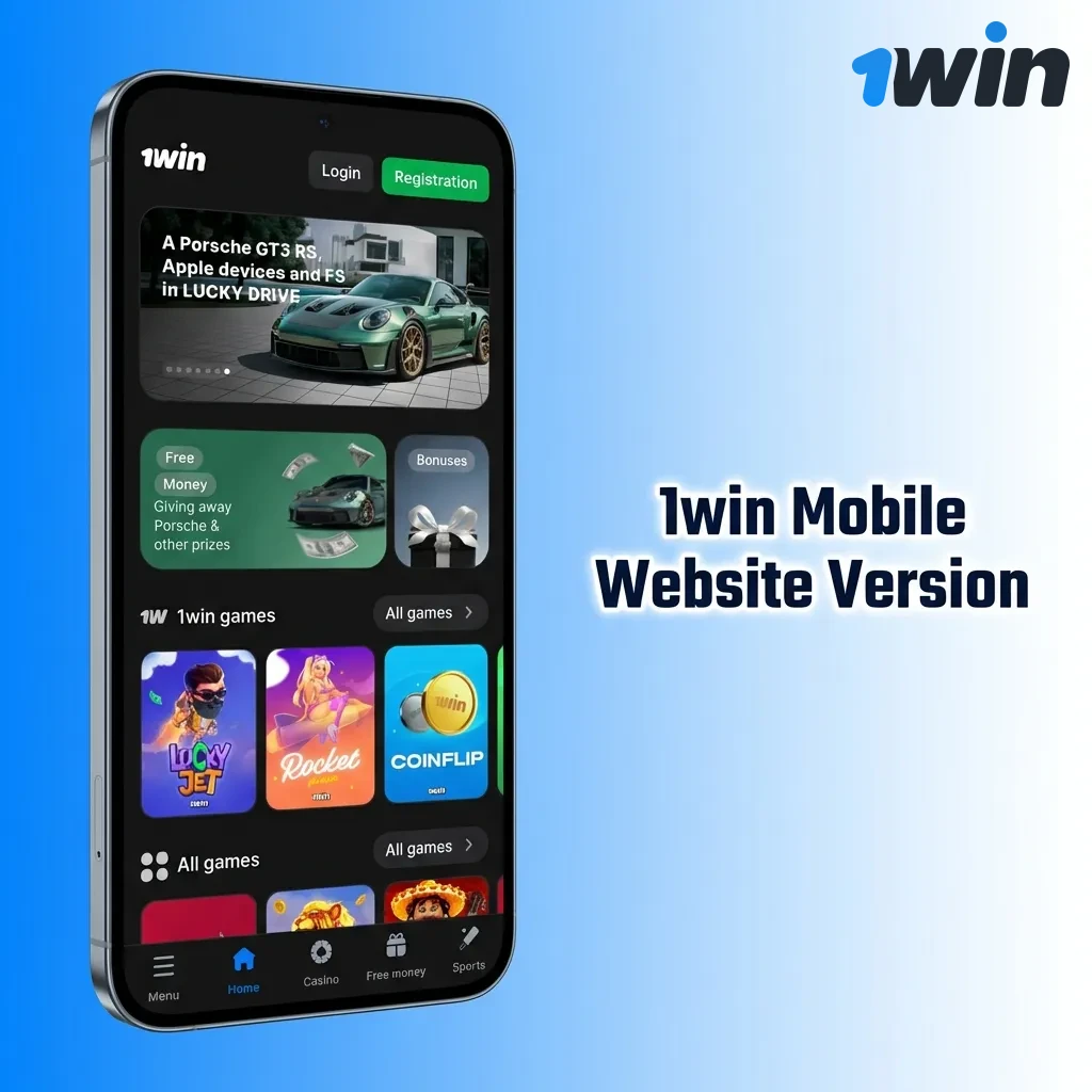1win mobile website displayed on smartphone showing betting and casino games accessible through any browser