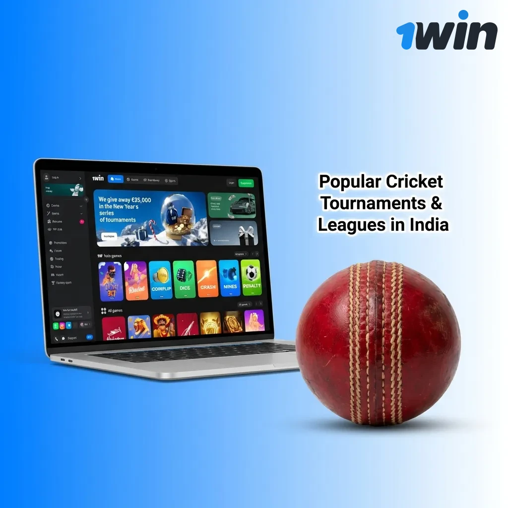 Cricket tournaments overview showing IPL, ICC World Cup, T20 World Cup, The Ashes, and regional leagues available for betting
