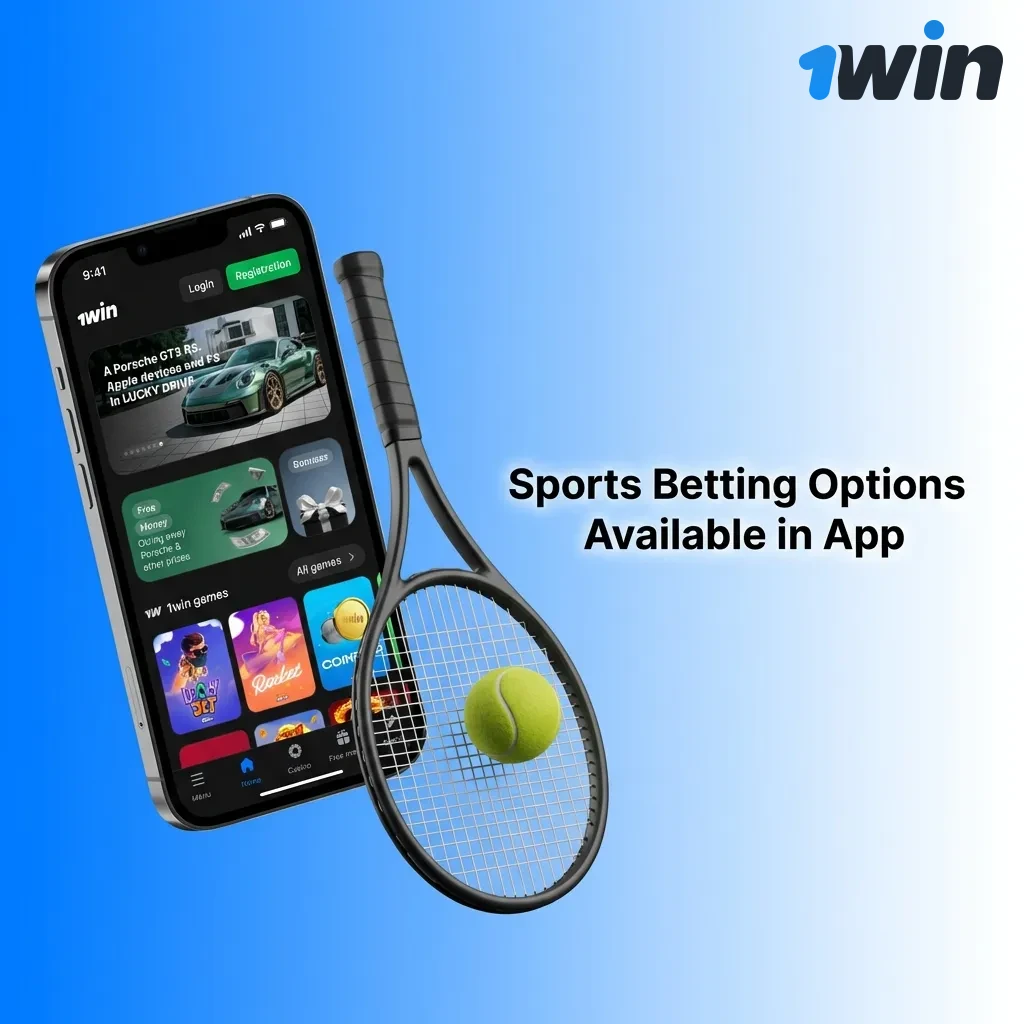 1win app sports betting interface showing 40+ sports options including cricket, football, tennis, and e-sports markets