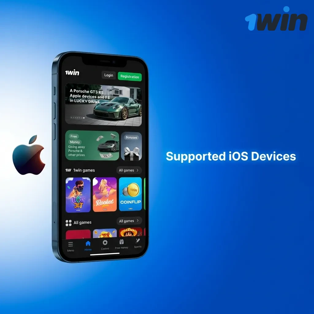 List of compatible Apple devices including iPhone 14 Pro Max, iPhone 13, iPad Pro, and other iOS models for 1win app
