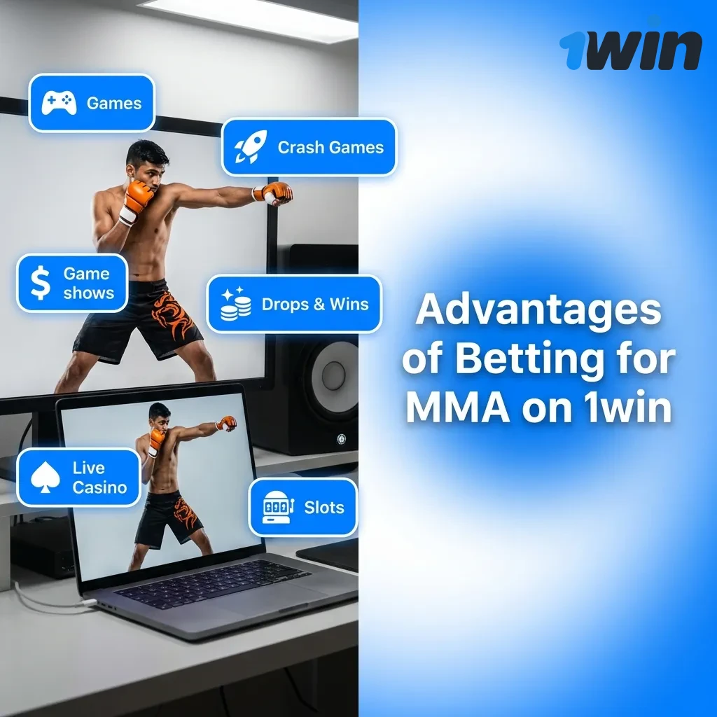 MMA fighters in octagon with 1win betting interface showing live odds, payment methods, and fight statistics