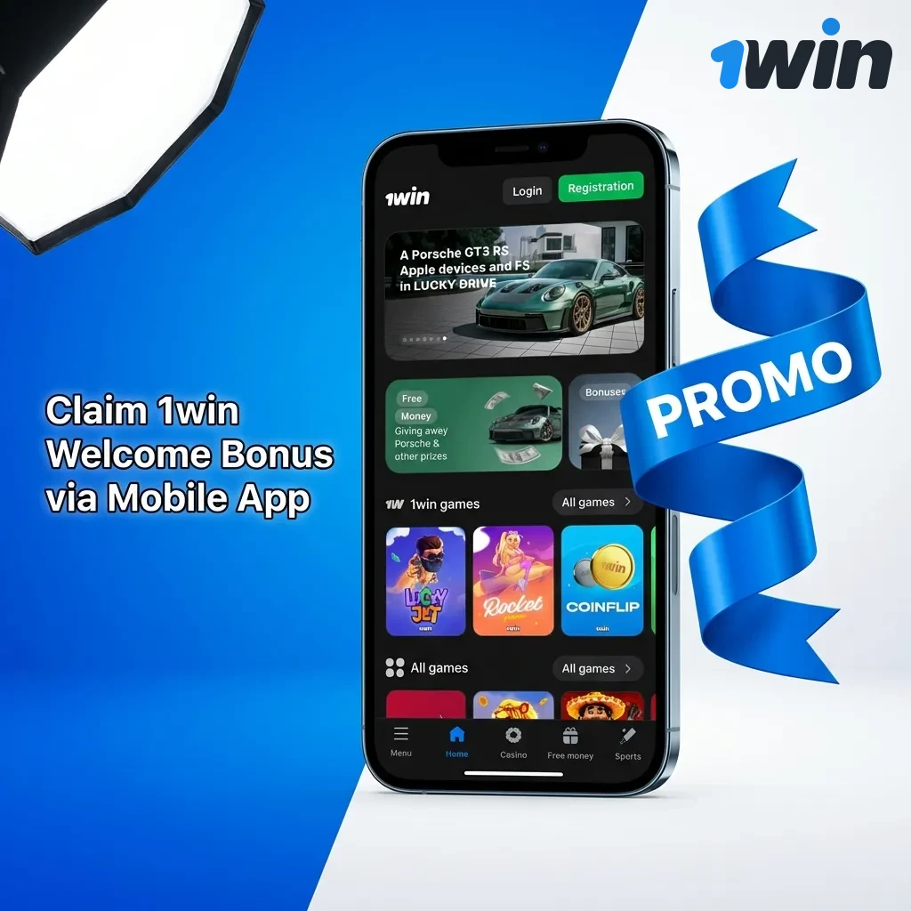 Mobile phone displaying 1win app registration screen with welcome bonus offer and deposit options