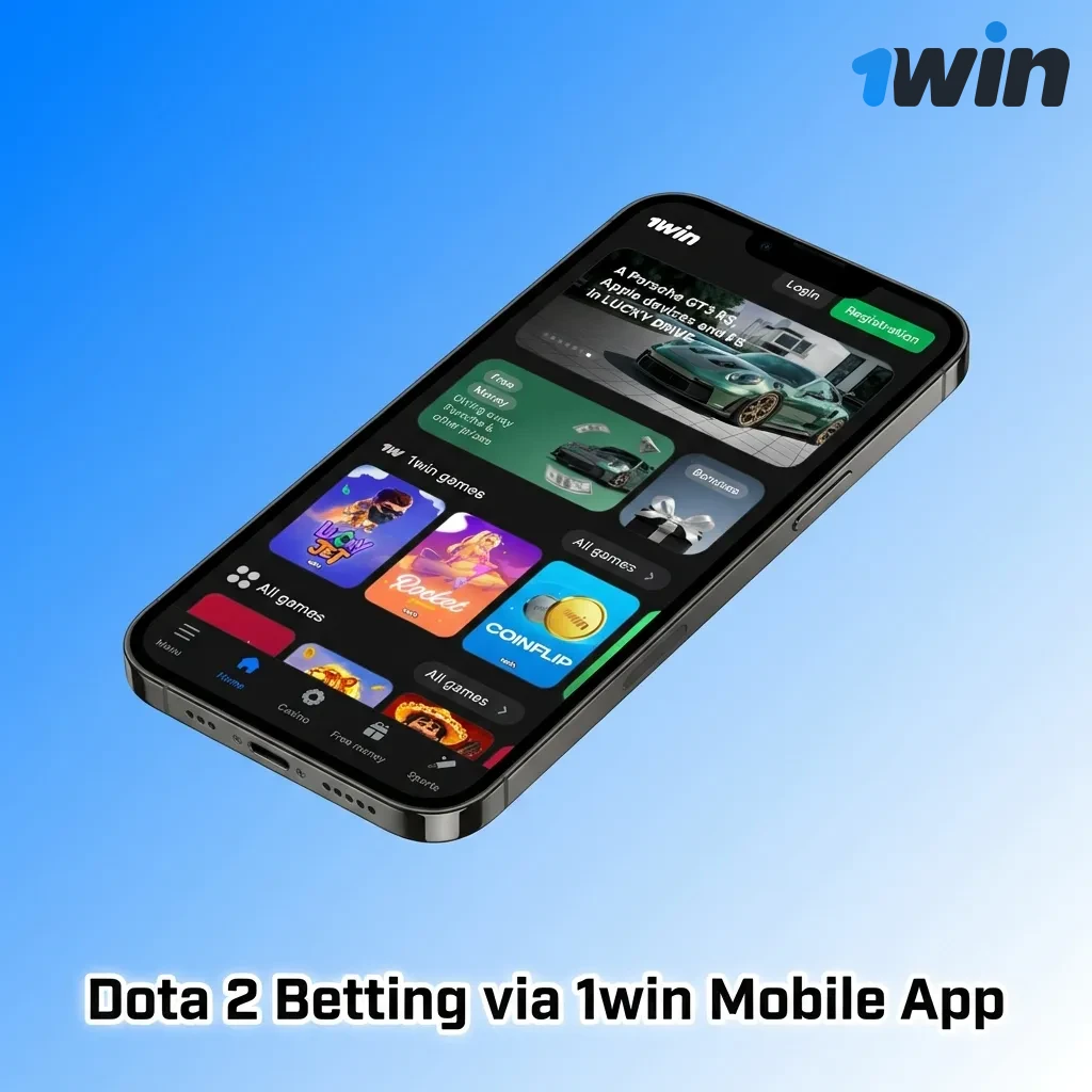 Mobile phone displaying 1win betting app interface with Dota 2 esports matches and betting options on screen