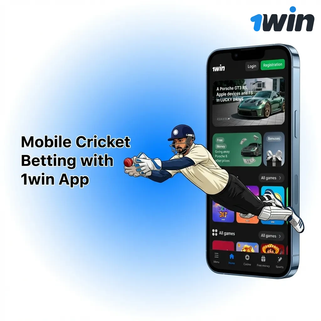 1win mobile app interface showing cricket betting options on smartphone for Android and iOS users