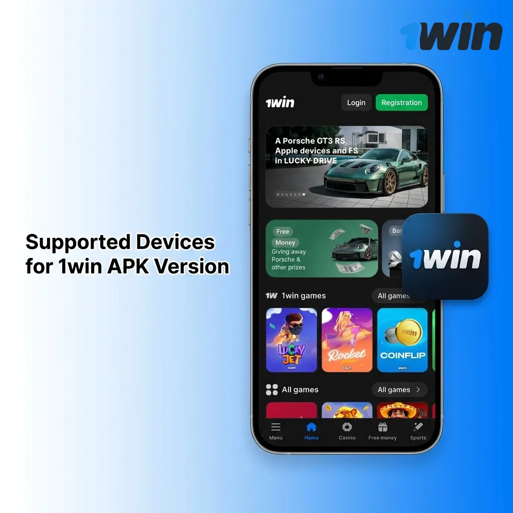 Table showing compatible Android phone brands and models for 1win APK, including Samsung, Sony, Huawei, OnePlus, Oppo, Google, Xiaomi