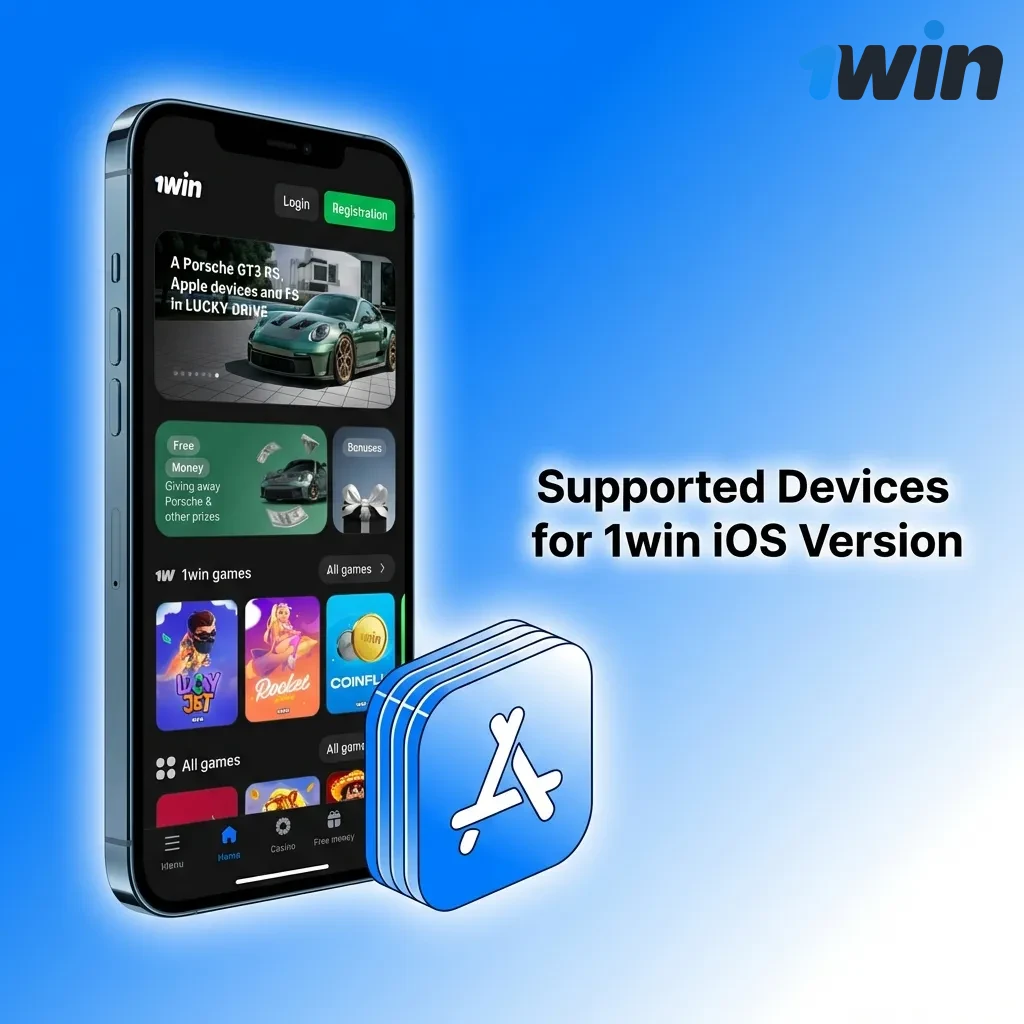 1win iOS app compatibility chart showing supported iPhone models from iPhone XR to iPhone 15 Pro Max with iOS 11.0+