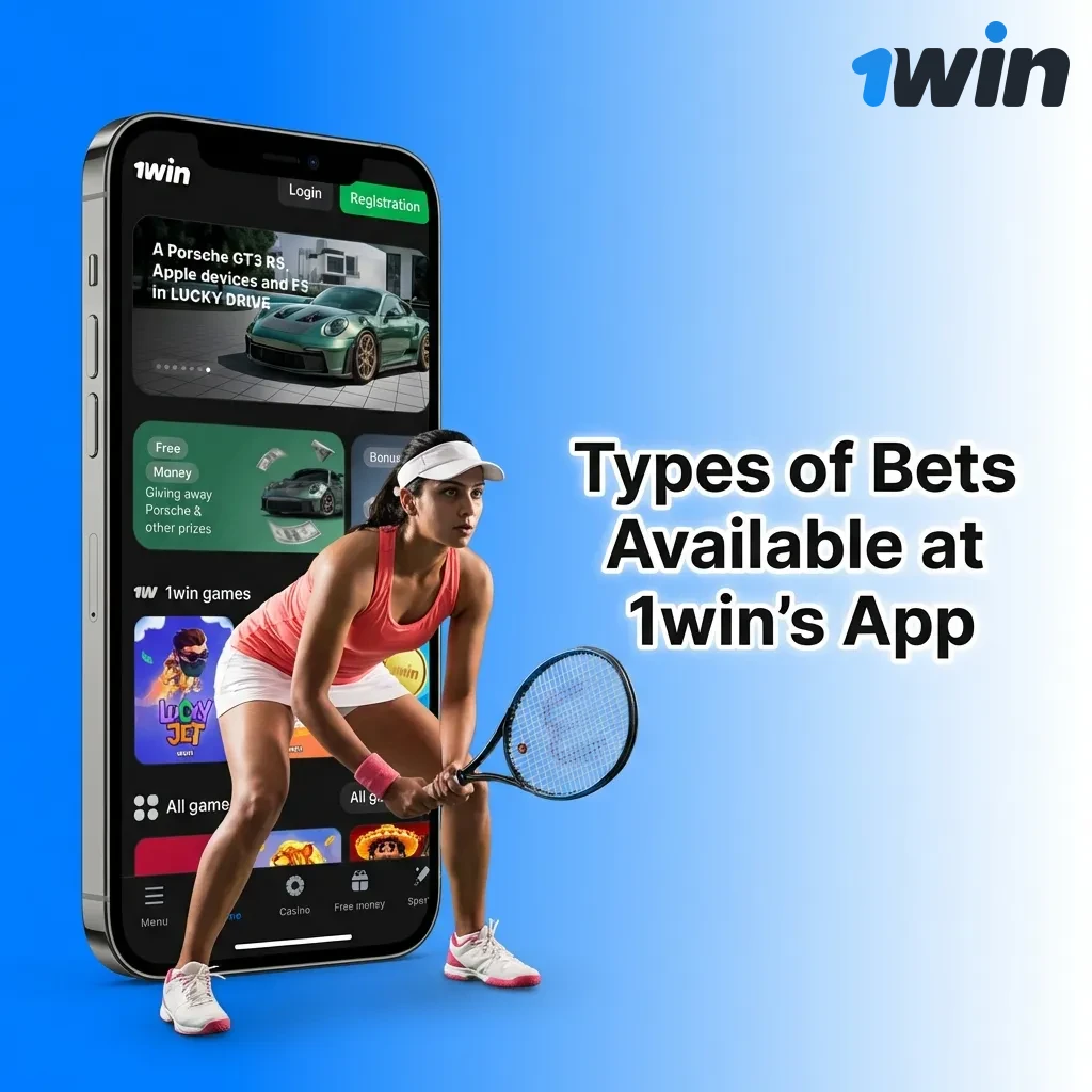 1win app betting options including single, accumulator, system, handicap, and over/under bets displayed on mobile screen