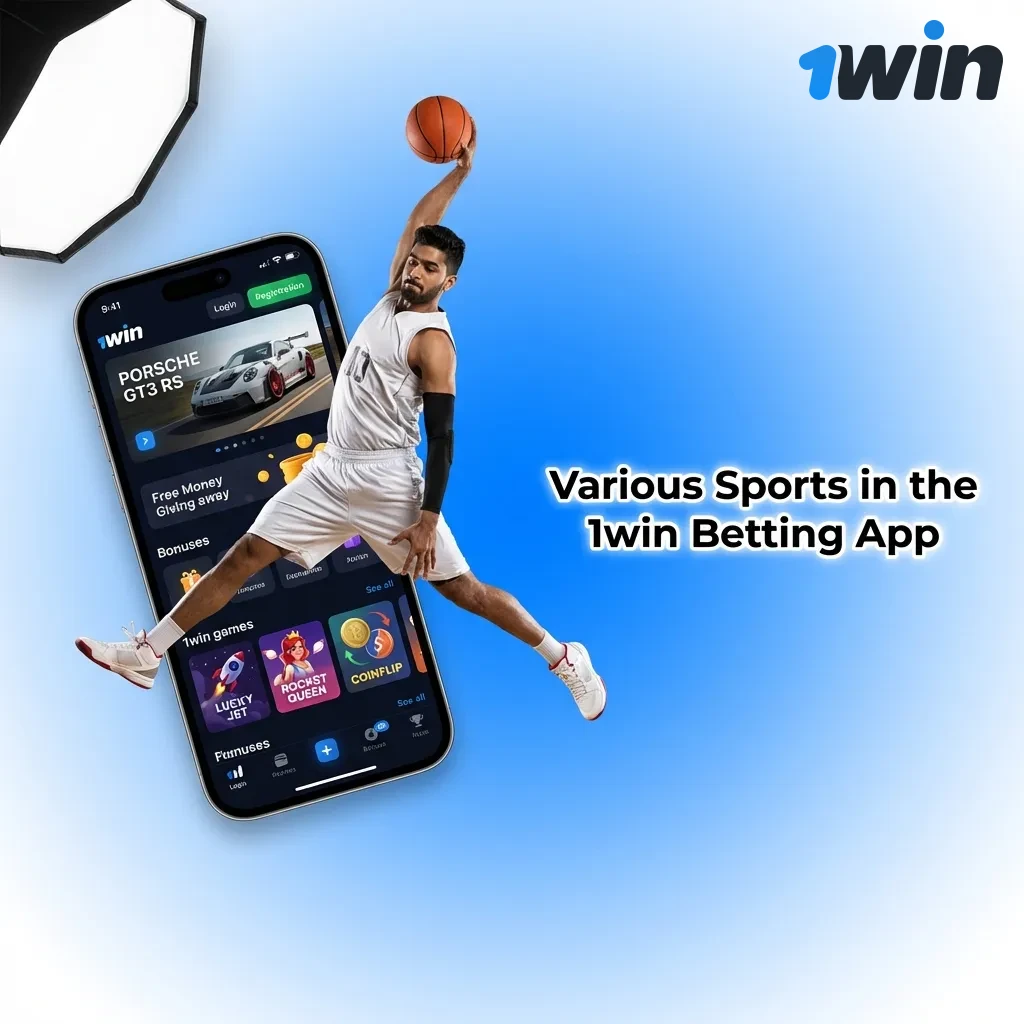 1win betting app interface showing multiple sports options including cricket, football, tennis, and eSports for live wagering