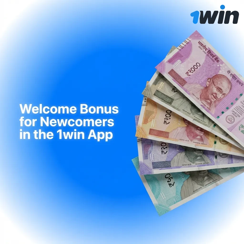 1win app welcome bonus interface showing sports and casino bonus options for new users
