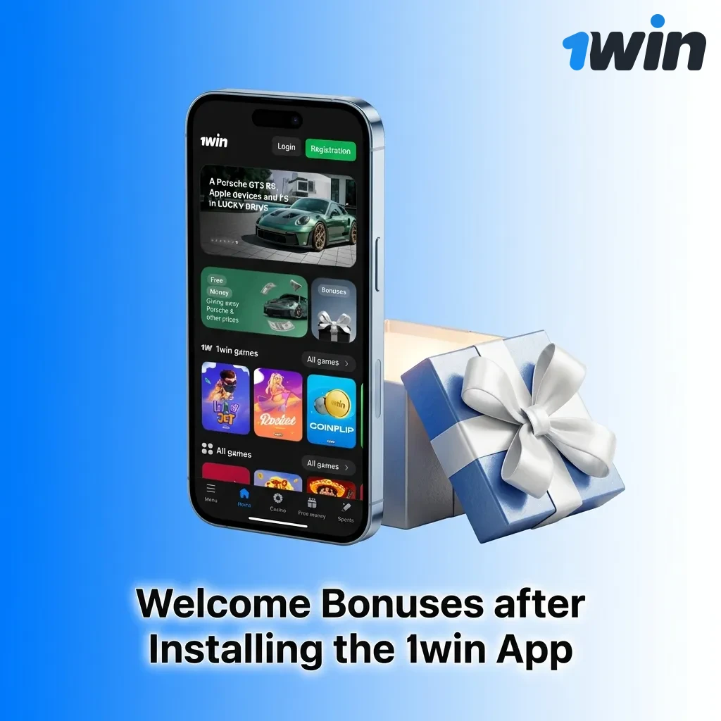 1win app welcome bonus structure showing four deposit tiers with percentage boosts and additional betting bonuses