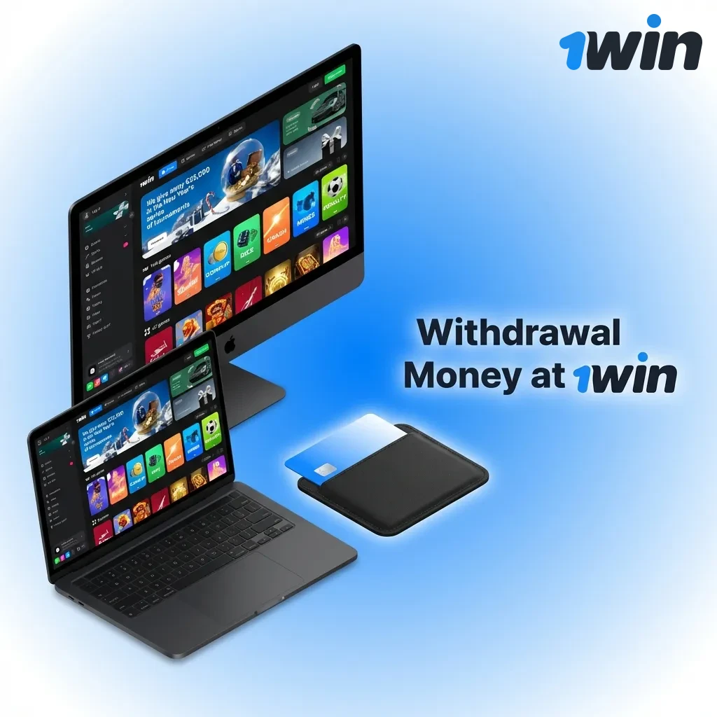 1win withdrawal process showing account menu, payment method selection, and transaction confirmation steps